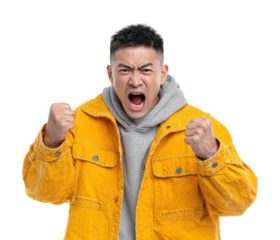 Expressing anger young man in yellow jacket portrait isolated on transparent background