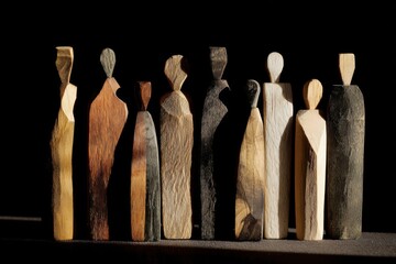 Wooden Figurines Displayed in Artistic Arrangement on Dark Background for Unique Craft Inspiration