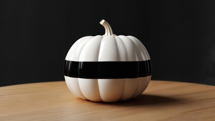 Sleek Monochrome Pumpkin: A Glossy White Gourd with a Bold Black Stripe on a Wooden Table.