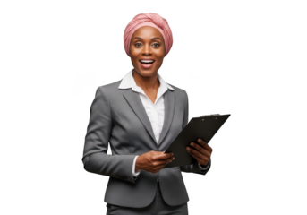 Professional businesswoman holding clipboard smiling wearing turban headscarf portrait png image stock photo isolated on transparent background
