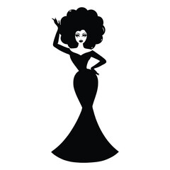 Fototapeta premium Stylish Drag Queen Silhouette Vector Dancing in Heels, Flowing Gown and Glamorous Hair Style, Dramatic Pose with Afro Wig on White Background