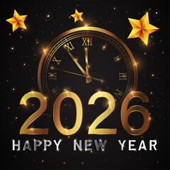 Happy new year 2026 Elegant gold text with fireworks, clock and light. Minimalistic text template.