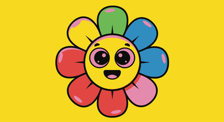 Fototapeta premium Cheerful Colorful Flower Cartoon Character with Smiling Face on Yellow Background for Children's Illustration and Educational Resources