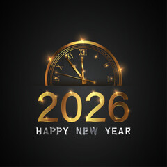 Happy new 2026 year Elegant gold text with fireworks, clock and light. Minimalistic text template.	
