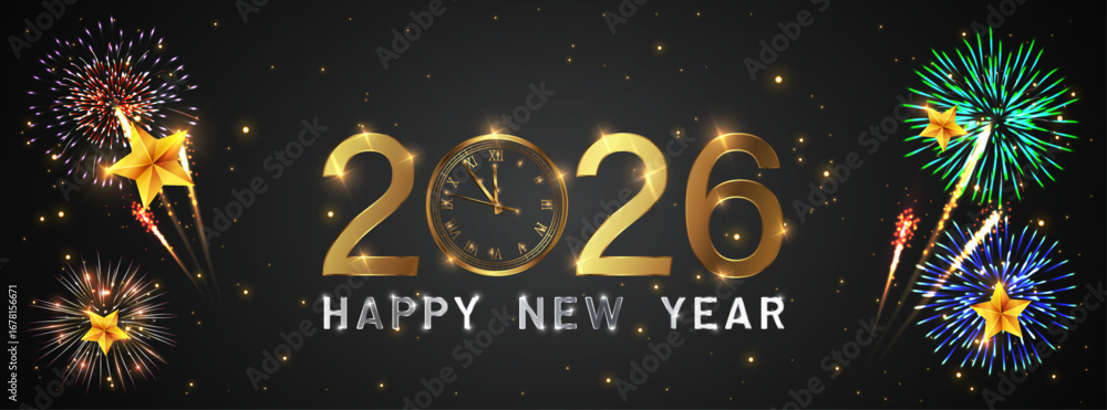 Poster happy new year 2026 elegant gold text with fireworks, clock and light. minimalistic text template.
