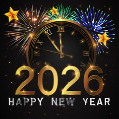 Happy new year 2026 Elegant gold text with fireworks, clock and light. Minimalistic text template.