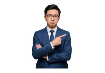 Disappointed asian businessman in suit pointing right with a sad expression stock photo image for design and marketing isolated on transparent background