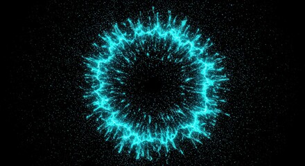Obraz premium A glowing turquoise ring with jagged edges surrounded by small dots on a black background space scene