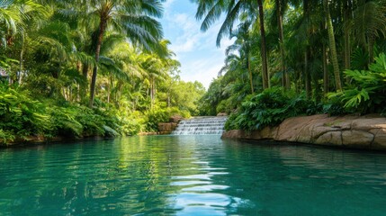 Obraz premium Serene tropical oasis featuring a cascading waterfall amidst lush greenery and tranquil waters
