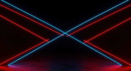 Intersecting neon lines of red and blue creating a futuristic abstract design on a black background