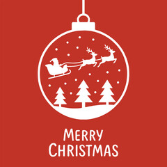 Minimalist Christmas ornament illustration featuring Santa Claus in a sleigh pulled by reindeer flying over a snowy pine forest. Set against a festive red background with bold white "Merry Christmas" 