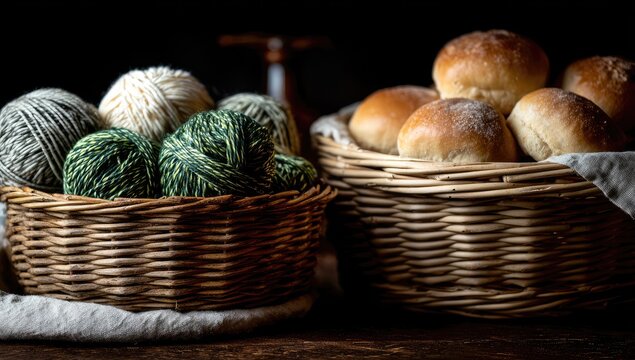 Rustic still life featuring two woven baskets filled with colorful yarn and freshly baked bread rolls.