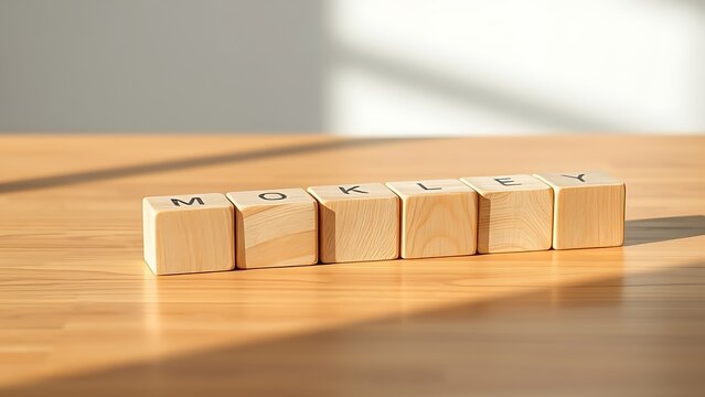 Wooden cube blocks arranged in progression on a smooth table, highlighted by soft natural lighting.