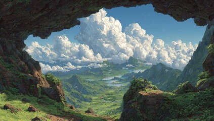 Cave opening reveals a lush valley beneath a dramatic sky