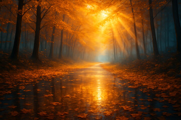 A beautiful and mystical forest path covered in fallen autumn leaves, with a reflection of the vibrant golden sun rays on a wet surface