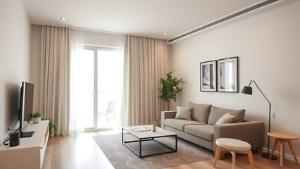 Fototapeta premium Modern apartment interior with clean design, neutral tones, and soft natural lighting.