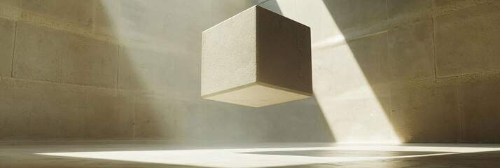 Floating Concrete Cube in Minimalist Light-filled Space
