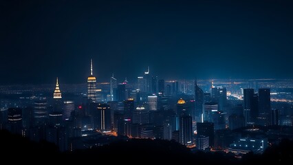 Fototapeta premium A breathtaking urban skyline illuminated by city lights under a gradient night sky.