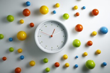 Colorful Clock Surrounded by Vibrant Spheres on White Surface Creating a Playful and Dynamic Atmosphere