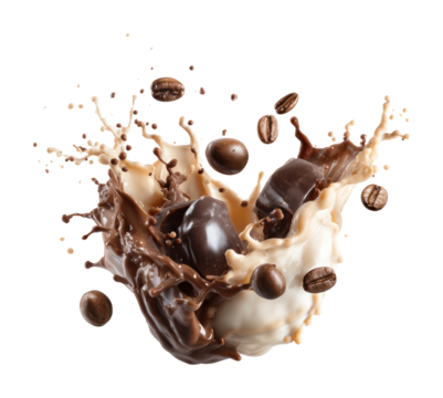 Coffee and chocolate splash action food creative isolated on transparent background