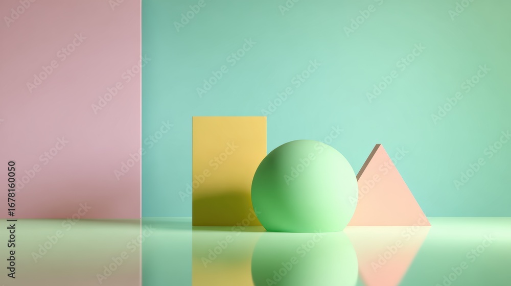 Aufkleber colorful geometric shapes arranged on a reflective surface with soft pastel backgrounds, creating an