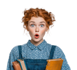 Surprised student with books portrait neutral isolated on transparent background