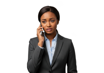 Worried african american businesswoman talking on phone in suit png image stock photo, professional female executive isolated on transparent background