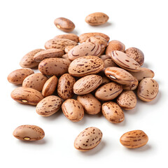 Close-up of dried pinto beans isolated on a plain white background, showcasing their speckled light brown
