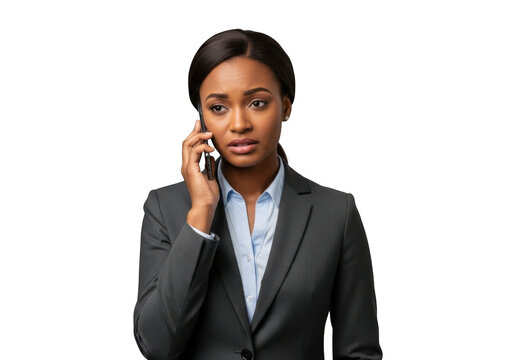 Worried african american businesswoman talking on phone in suit png image stock photo, professional female executive isolated on transparent background