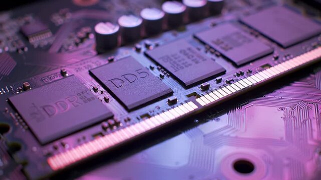 Close Up of DDR5 RAM Modules on Pink Circuit Board