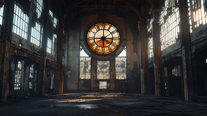 Abandoned Industrial Space with Large Vintage Clock and Natural Light