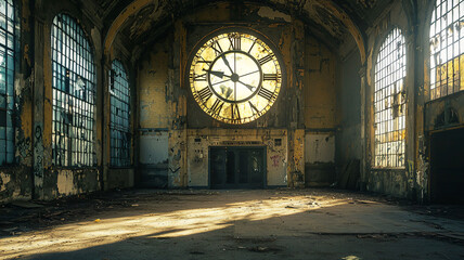 Abandoned Building with Large Clock and Rustic Interior Design