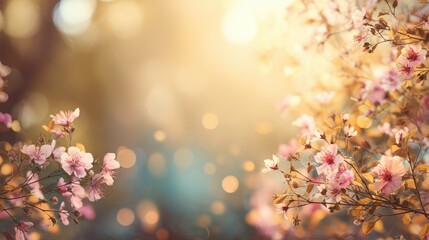 Fototapeta premium Enchanting Cherry Blossoms: delicate cherry blossoms illuminated by soft sunlight, creating a dreamlike scene of nature's splendor.
