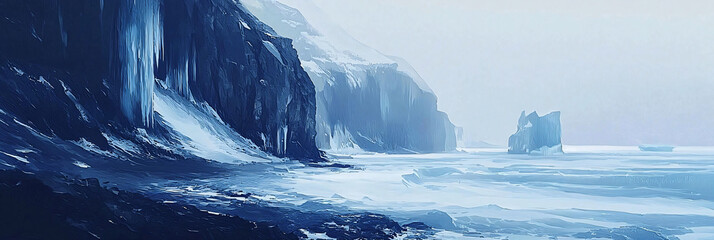 Serene Coastal Scene with Ice Formations and Majestic Cliffs