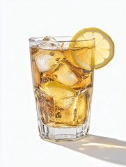 Refreshing Cold Beverage with Lemon Slice and Ice Cubes in Glass