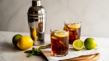 Refreshing cuba libre cocktails ready to enjoy with fresh citrus and shaker