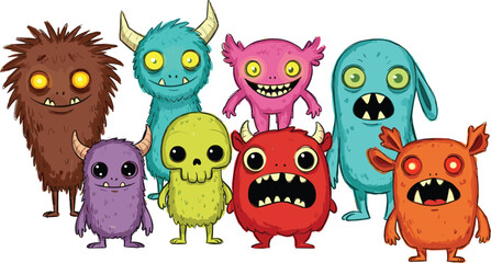 Cute cartoon monsters, colorful funny creatures, fantasy characters, kids illustration, playful monsters, friendly spooky design,