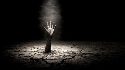 Weathered human hand reaching upwards from a cracked, parched earth,metaphor for human suffering.