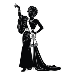 Stylish Drag Queen Silhouette Vector Dancing in Heels, Flowing Gown and Glamorous Hair Style, Dramatic Pose with Afro Wig on White Background