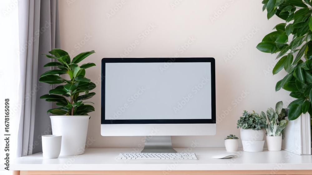 Poster modern workspace featuring a sleek computer setup with indoor plants and a minimalist design aesthet