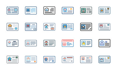 Real Estate and Property Business Icons Set &ndash; House Buy Sell, Rent Agreement, Mortgage Loan, Property Contract, Real Estate Agent, Home Insurance, Online Listing, Housing Price, House Key, Architectur