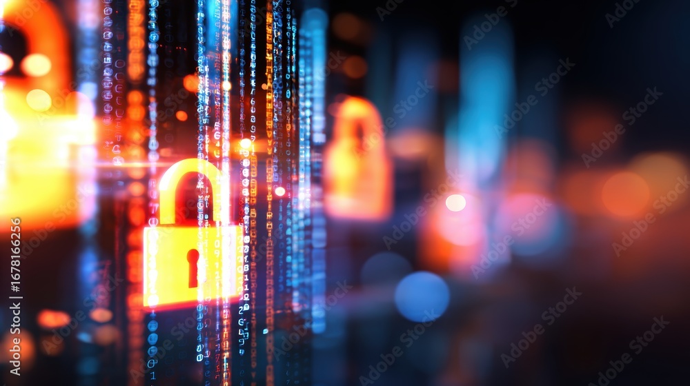 Poster digital security concept with glowing padlocks and binary code in a futuristic tech environment