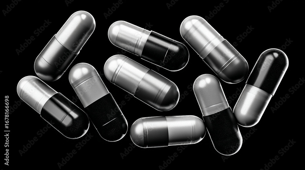 Poster a monochrome close up of several capsule pills scattered on a black background in a studio setting