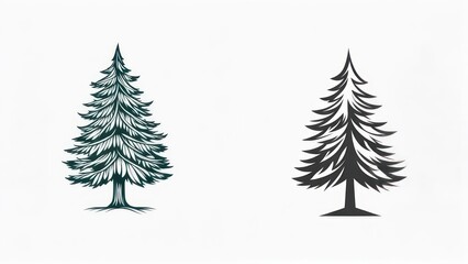 Obraz premium Two Stylized Evergreen Trees: Minimalist Black and Green Silhouettes on White