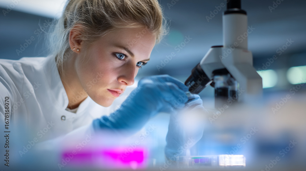 Poster a focused scientist examining a sample under a microscope in a bright laboratory setting closely ana