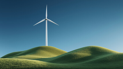 Obraz premium realistic windmill turbine on grassy hill spinning to generate clean electric energy, clear blue sky, symbol of renewable green power and eco innovation in rural landscape 