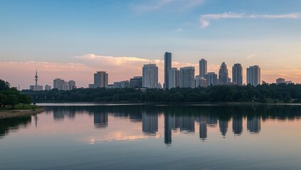 Obraz premium City skyline at sunset reflected in calm lake water