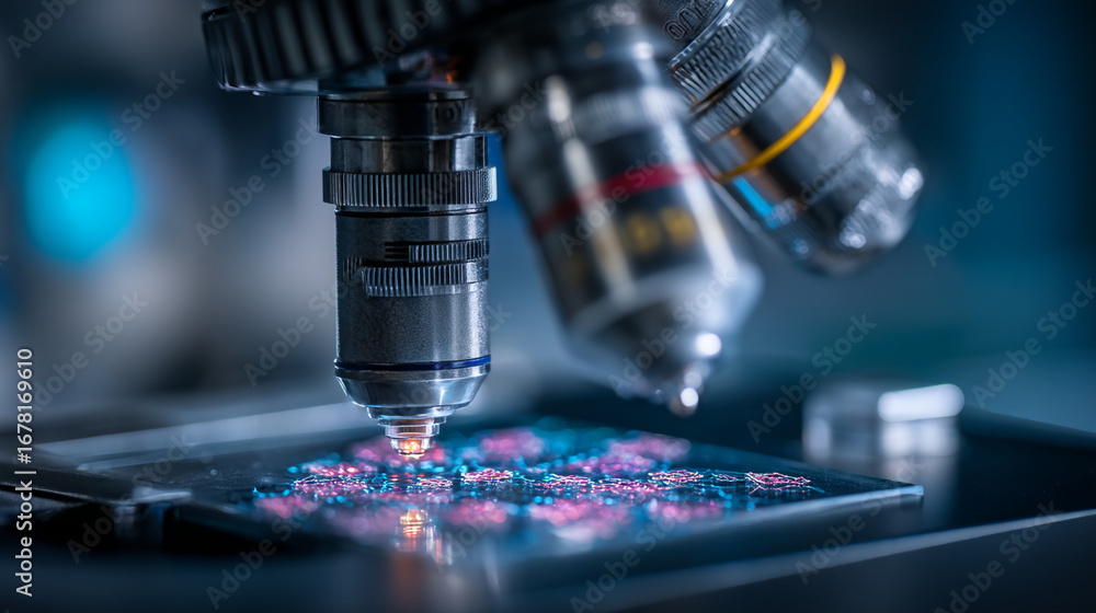Poster a close up of a microscope examining cells on a slide in a laboratory setting with blue lighting