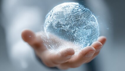 A hand holds a holographic globe, displaying continents and data points