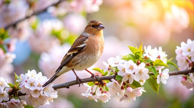 Bird on spring blossom branch